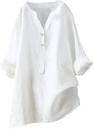 Womens Linen Shirts V Neck Buttons Blouses Solid Color Oversized Tops Short Sleeve Loose Fit Tunic Top