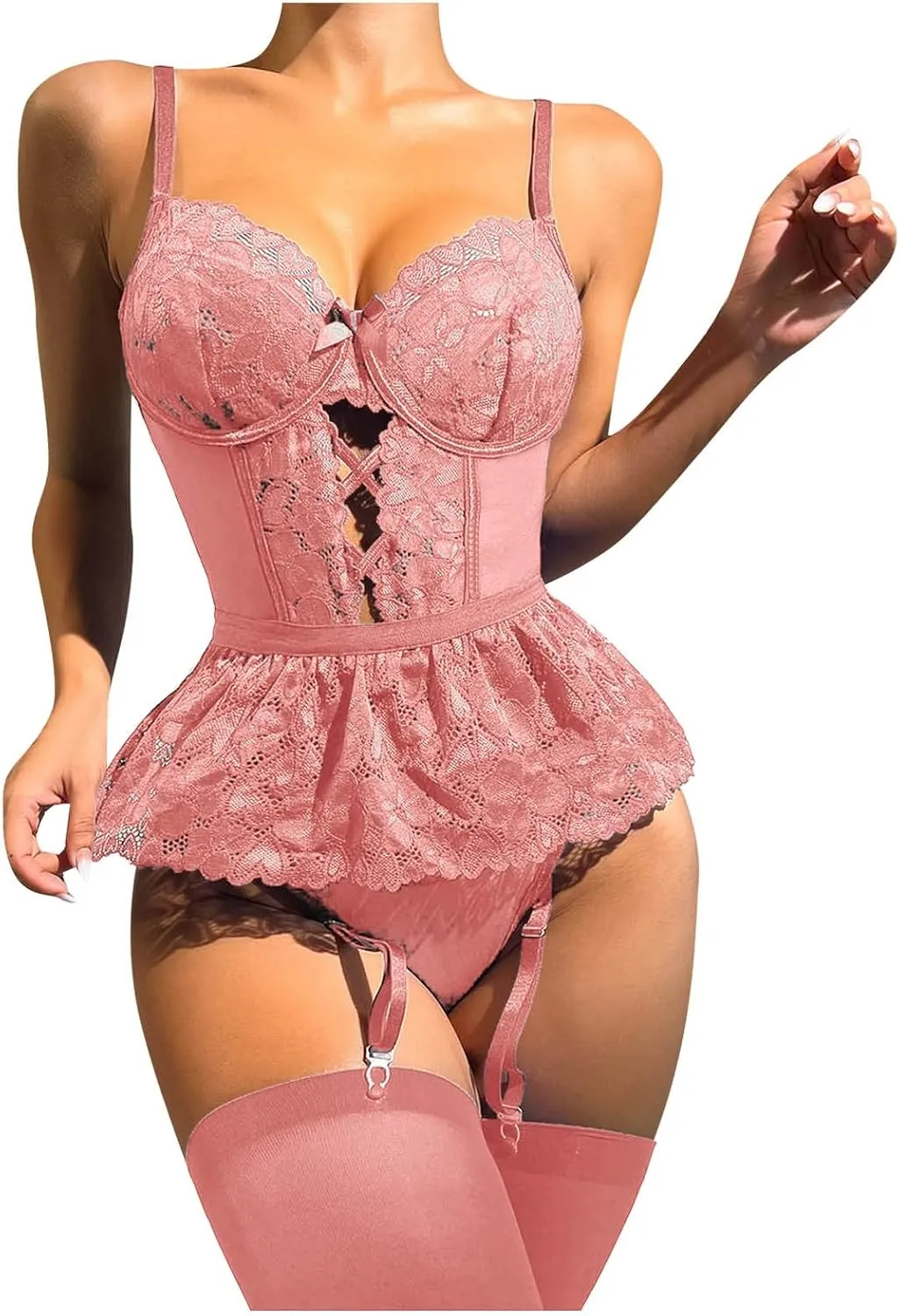 Womens Lingerie Set Lace Bralette And Panty Set Strappy Lace Lingerie Sexy Lingerie Lingerie for Women (Pink, L)