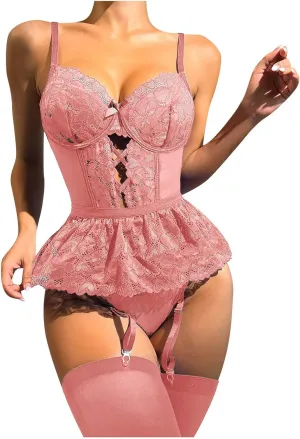 Womens Lingerie Set Lace Bralette And Panty Set Strappy Lace Lingerie Sexy Lingerie Lingerie for Women (Pink, XL)