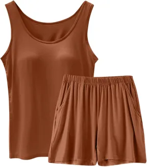 Womens Lounge Sets Sleeveless Tank Top with Built in Bra Shorts Set 2 Piece Homewear Comfy Sleepwear Pajamas Sets
