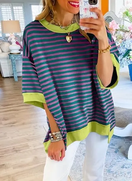 Womens Oversized Striped T Shirts Striped Color Block Tops Half Sleeve Loose Fit Crewneck Blouses