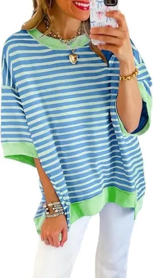 Womens Oversized Striped T Shirts Striped Color Block Tops Half Sleeve Loose Fit Crewneck Blouses