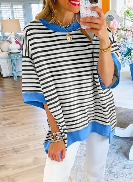 Womens Oversized Striped T Shirts Striped Color Block Tops Half Sleeve Loose Fit Crewneck Blouses