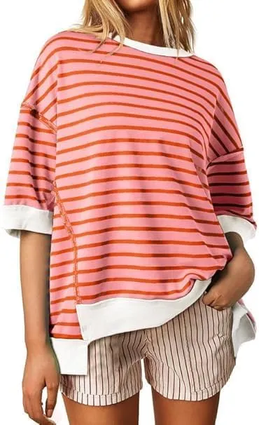 Womens Oversized Striped T Shirts Striped Color Block Tops Half Sleeve Loose Fit Crewneck Blouses