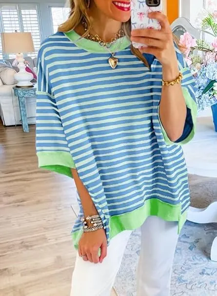 Womens Oversized Striped T Shirts Striped Color Block Tops Half Sleeve Loose Fit Crewneck Blouses