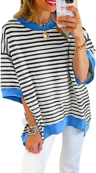 Womens Oversized Striped T Shirts Striped Color Block Tops Half Sleeve Loose Fit Crewneck Blouses