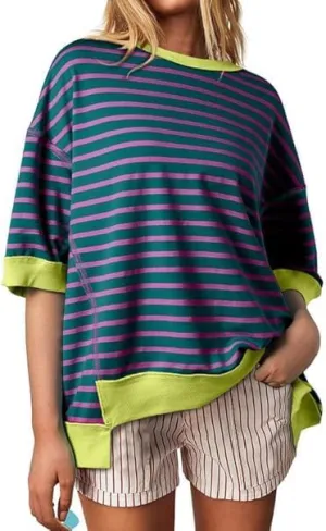 Womens Oversized Striped T Shirts Striped Color Block Tops Half Sleeve Loose Fit Crewneck Blouses