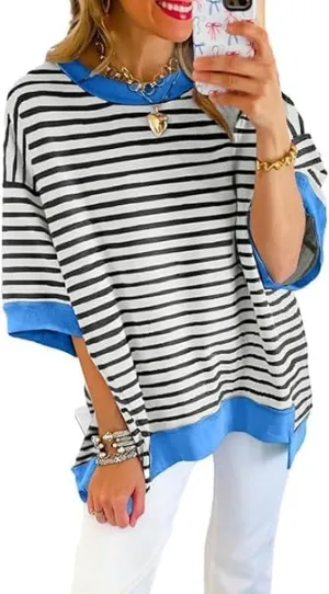 Womens Oversized Striped T Shirts Striped Color Block Tops Half Sleeve Loose Fit Crewneck Blouses