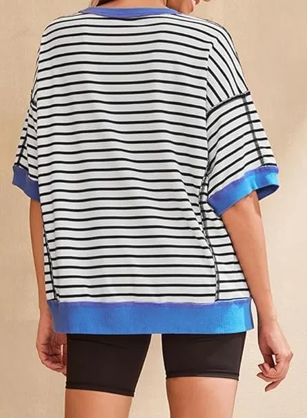 Womens Oversized Striped T Shirts Striped Color Block Tops Half Sleeve Loose Fit Crewneck Blouses