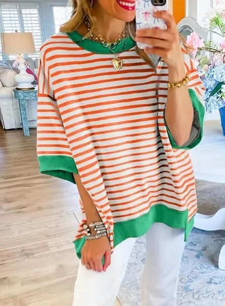 Womens Oversized Striped T Shirts Striped Color Block Tops Half Sleeve Loose Fit Crewneck Blouses