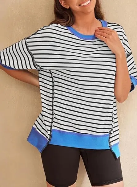 Womens Oversized Striped T Shirts Striped Color Block Tops Half Sleeve Loose Fit Crewneck Blouses