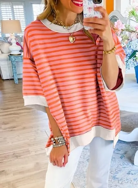 Womens Oversized Striped T Shirts Striped Color Block Tops Half Sleeve Loose Fit Crewneck Blouses
