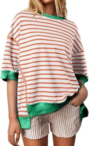 Womens Oversized Striped T Shirts Striped Color Block Tops Half Sleeve Loose Fit Crewneck Blouses