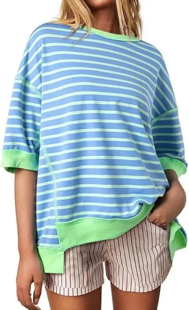 Womens Oversized Striped T Shirts Striped Color Block Tops Half Sleeve Loose Fit Crewneck Blouses