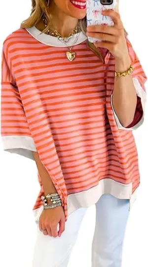 Womens Oversized Striped T Shirts Striped Color Block Tops Half Sleeve Loose Fit Crewneck Blouses