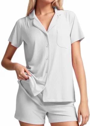 Womens Pajama Set summer matching Short Sleeve Button Down Ribbed Knit 2 Piece Sleep Sets Loungewear Soft Sets