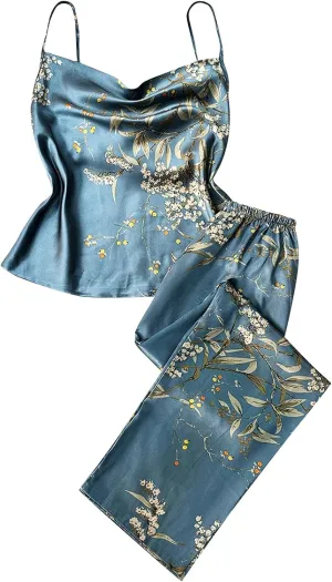 Womens Pajama Sets Shorts Silk Sexy Lingerie Printed Sling Top and Lounge Elastic Wide Leg Pants Sleepwear Set