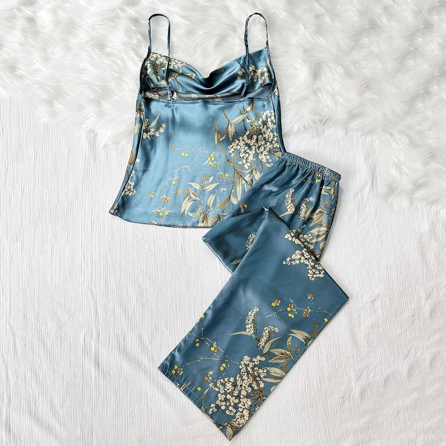Womens Pajama Sets Shorts Silk Sexy Lingerie Printed Sling Top and Lounge Elastic Wide Leg Pants Sleepwear Set