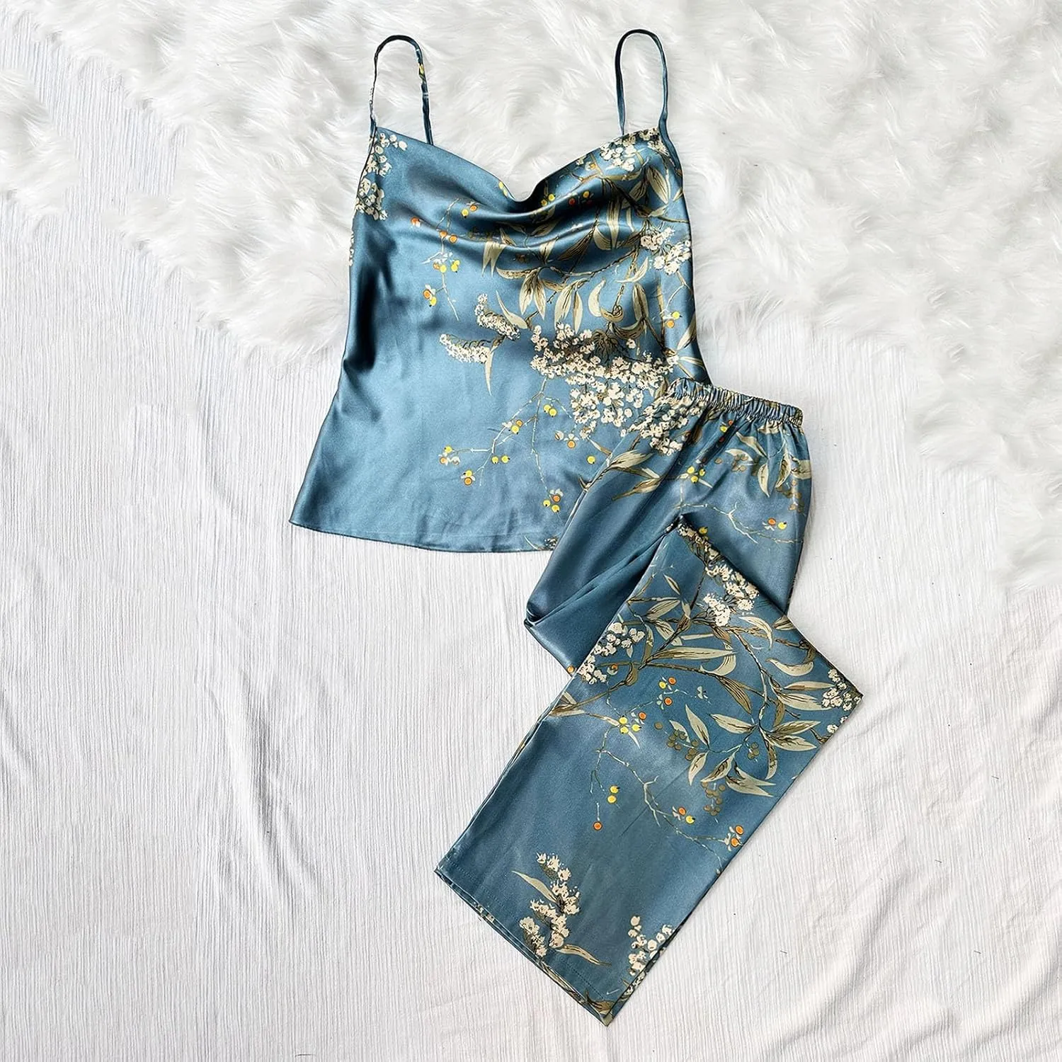 Womens Pajama Sets Shorts Silk Sexy Lingerie Printed Sling Top and Lounge Elastic Wide Leg Pants Sleepwear Set