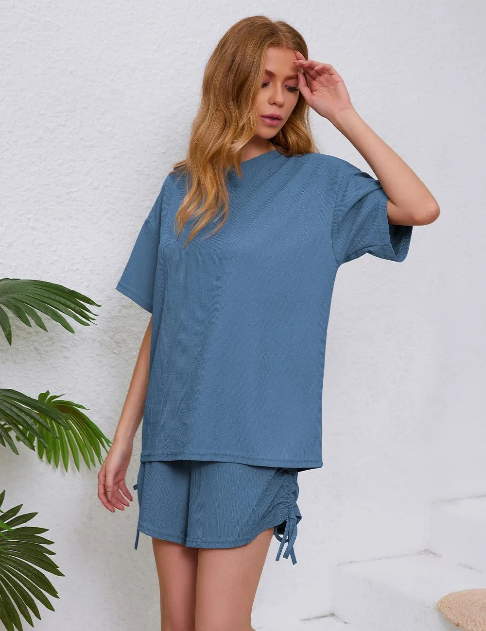 Womens Pajama Sets Waffle Knit Lounge Set Two Piece Loungewear Matching Outfits Set With Pockets