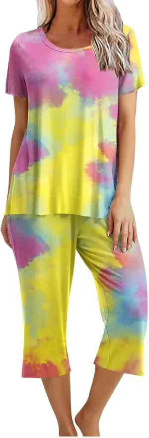 Womens Pajamas Comfy Soft 2 Piece Lounge Sets Nightshirt Capri Pants Pjs Loungewear Matching Outfits Sleepwear