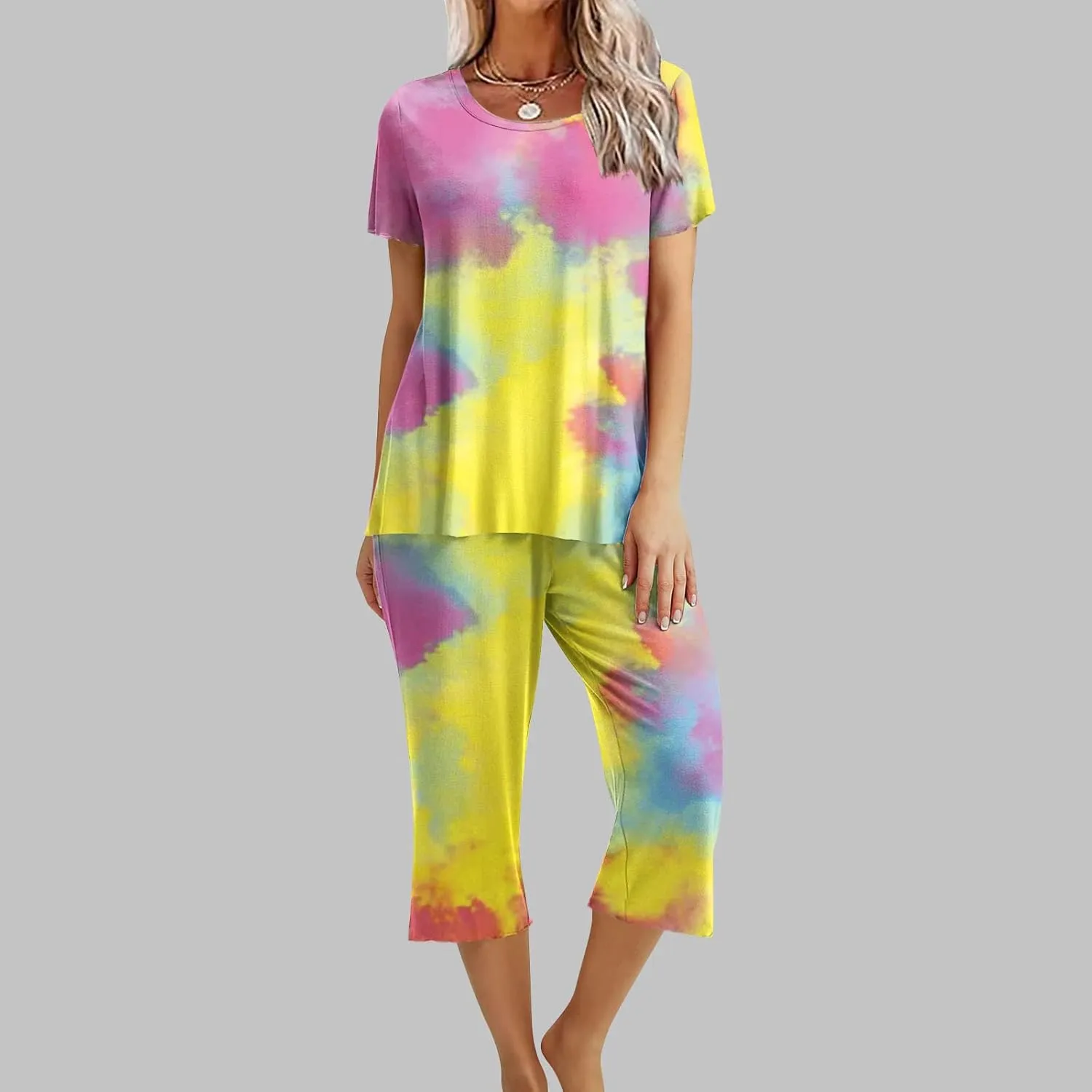 Womens Pajamas Comfy Soft 2 Piece Lounge Sets Nightshirt Capri Pants Pjs Loungewear Matching Outfits Sleepwear
