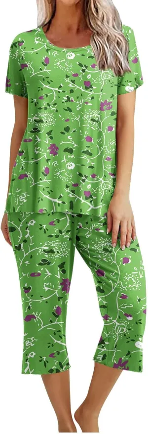 Womens Pajamas Comfy Soft 2 Piece Lounge Sets Nightshirt Capri Pants Pjs Loungewear Matching Outfits Sleepwear