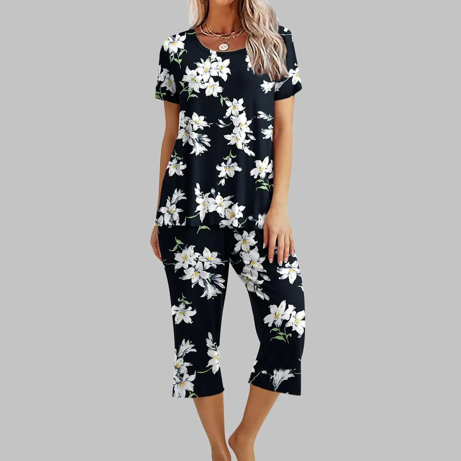 Womens Pajamas Comfy Soft 2 Piece Lounge Sets Nightshirt Capri Pants Pjs Loungewear Matching Outfits Sleepwear
