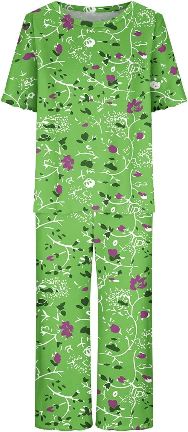 Womens Pajamas Comfy Soft 2 Piece Lounge Sets Nightshirt Capri Pants Pjs Loungewear Matching Outfits Sleepwear