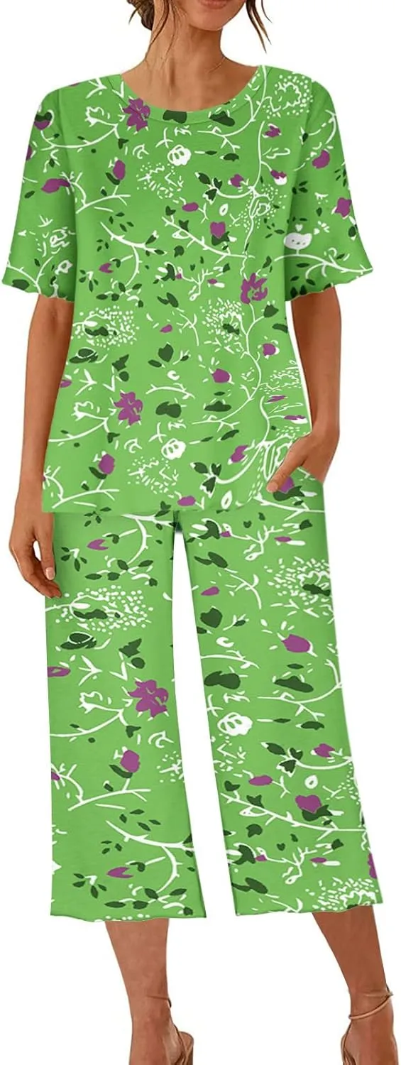Womens Pajamas Comfy Soft 2 Piece Lounge Sets Nightshirt Capri Pants Pjs Loungewear Matching Outfits Sleepwear