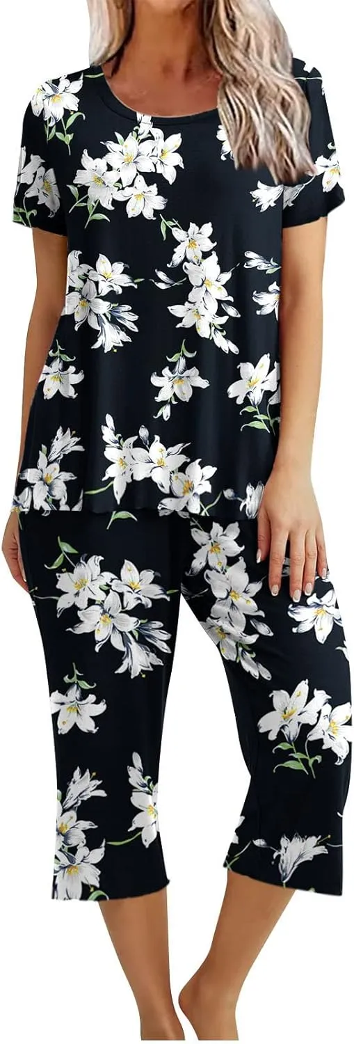 Womens Pajamas Comfy Soft 2 Piece Lounge Sets Nightshirt Capri Pants Pjs Loungewear Matching Outfits Sleepwear
