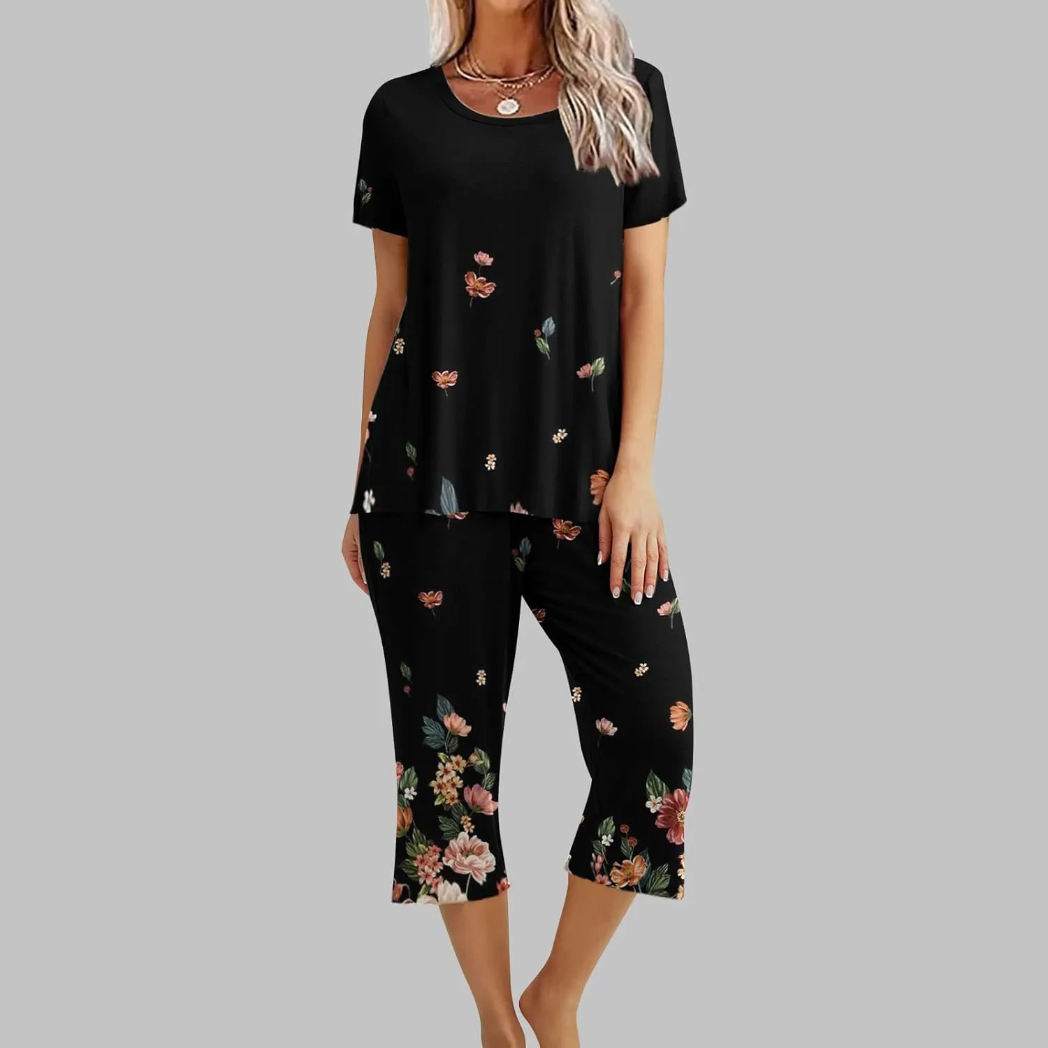 Womens Pajamas Comfy Soft 2 Piece Lounge Sets Nightshirt Capri Pants Pjs Loungewear Matching Outfits Sleepwear