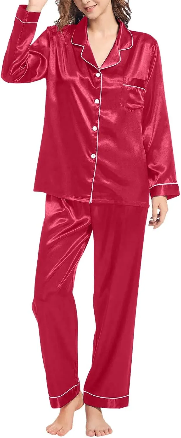 Womens Pajamas Set Sleepwear Button Up Sleepwear Soft Lightweight Comfy Long Pants Loungewear Two-Piece Sleepwear Pj