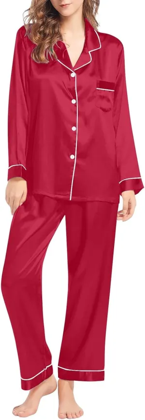 Womens Pajamas Set Sleepwear Button Up Sleepwear Soft Lightweight Comfy Long Pants Loungewear Two-Piece Sleepwear Pj