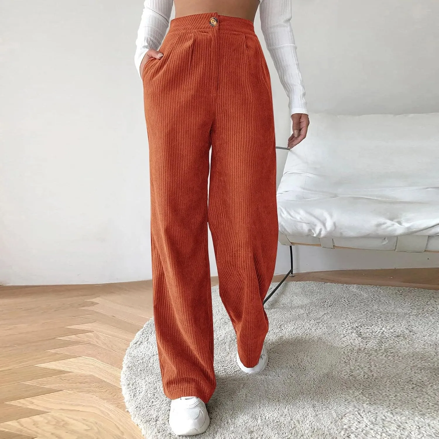 Womens Plus Size Corduroy Pants High Waisted Wide Leg Trousers Straight Leg Trendy Work Pants with Pockets