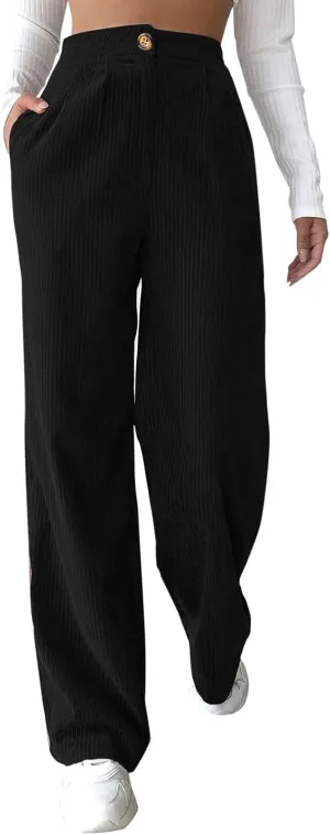 Womens Plus Size Corduroy Pants High Waisted Wide Leg Trousers Straight Leg Trendy Work Pants with Pockets