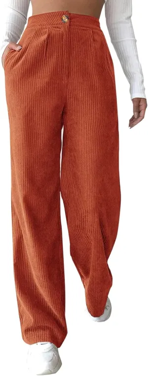 Womens Plus Size Corduroy Pants High Waisted Wide Leg Trousers Straight Leg Trendy Work Pants with Pockets