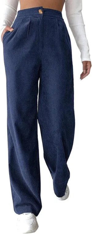 Womens Plus Size Corduroy Pants High Waisted Wide Leg Trousers Straight Leg Trendy Work Pants with Pockets