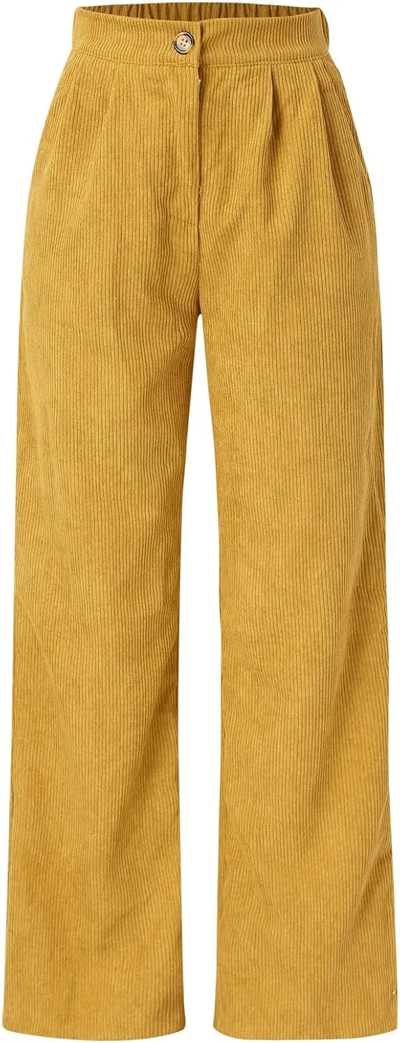 Womens Plus Size Corduroy Pants High Waisted Wide Leg Trousers Straight Leg Trendy Work Pants with Pockets