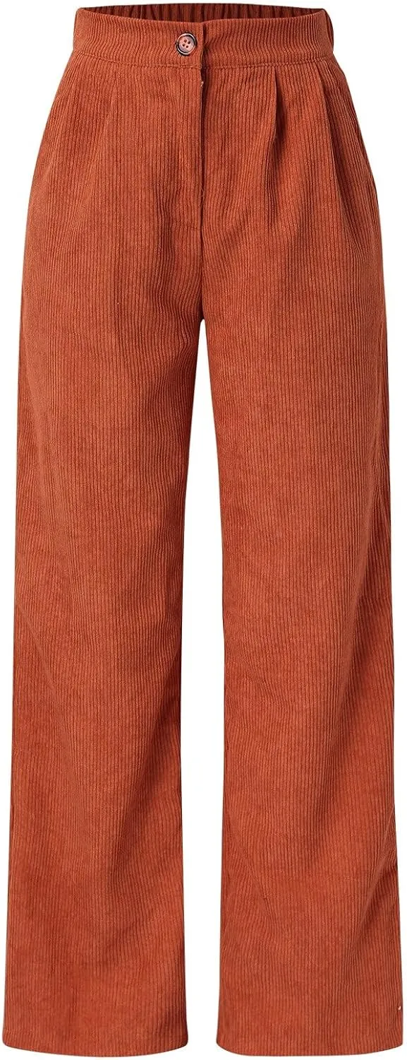 Womens Plus Size Corduroy Pants High Waisted Wide Leg Trousers Straight Leg Trendy Work Pants with Pockets