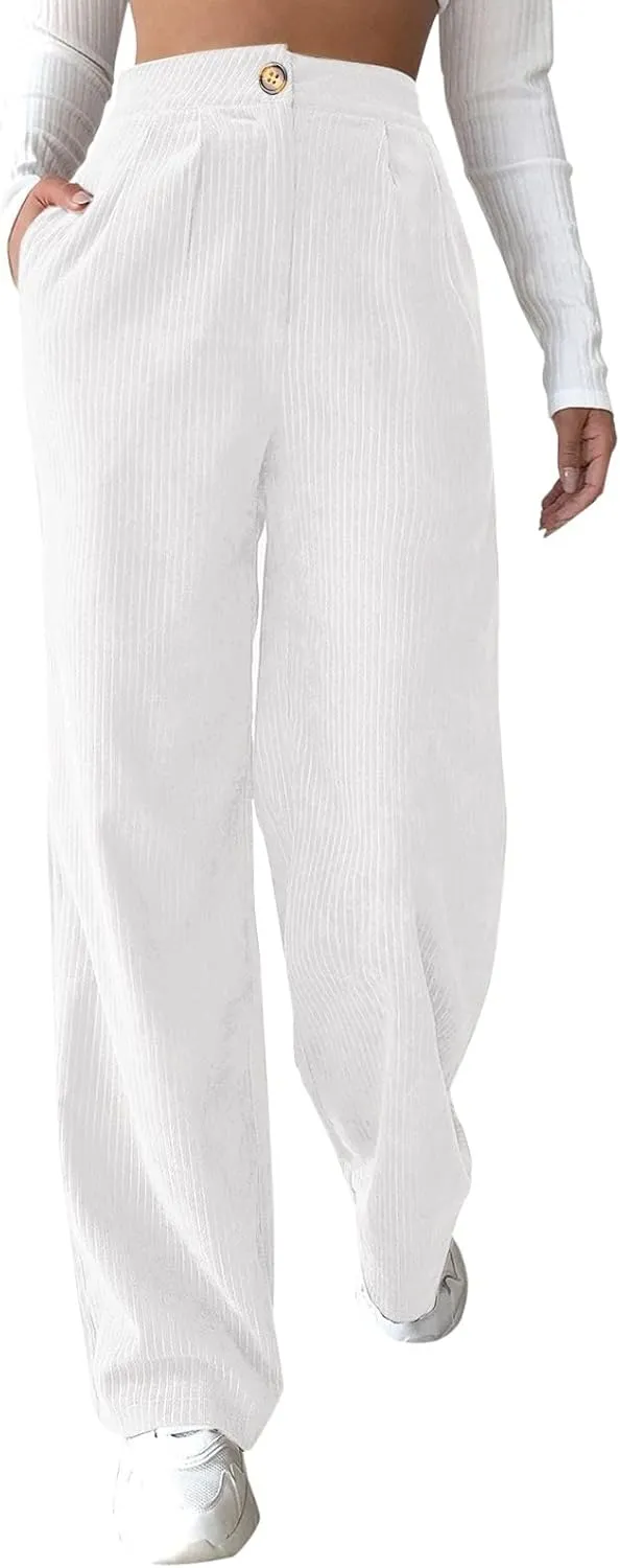 Womens Plus Size Corduroy Pants High Waisted Wide Leg Trousers Straight Leg Trendy Work Pants with Pockets