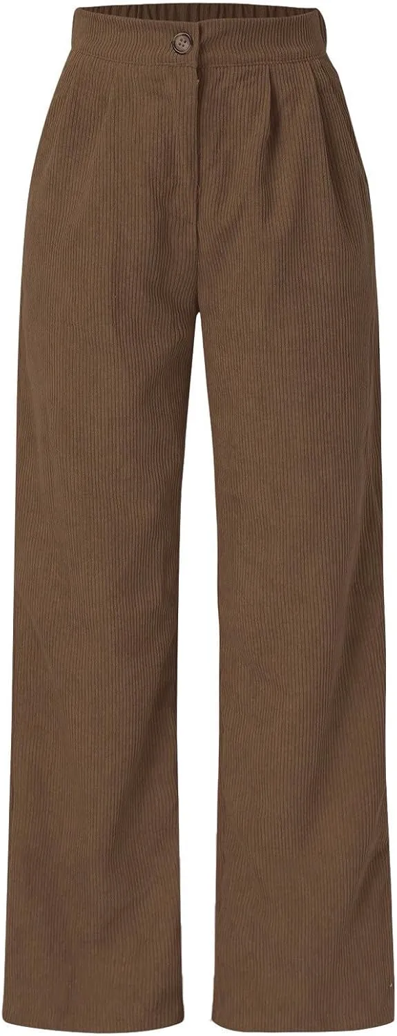Womens Plus Size Corduroy Pants High Waisted Wide Leg Trousers Straight Leg Trendy Work Pants with Pockets