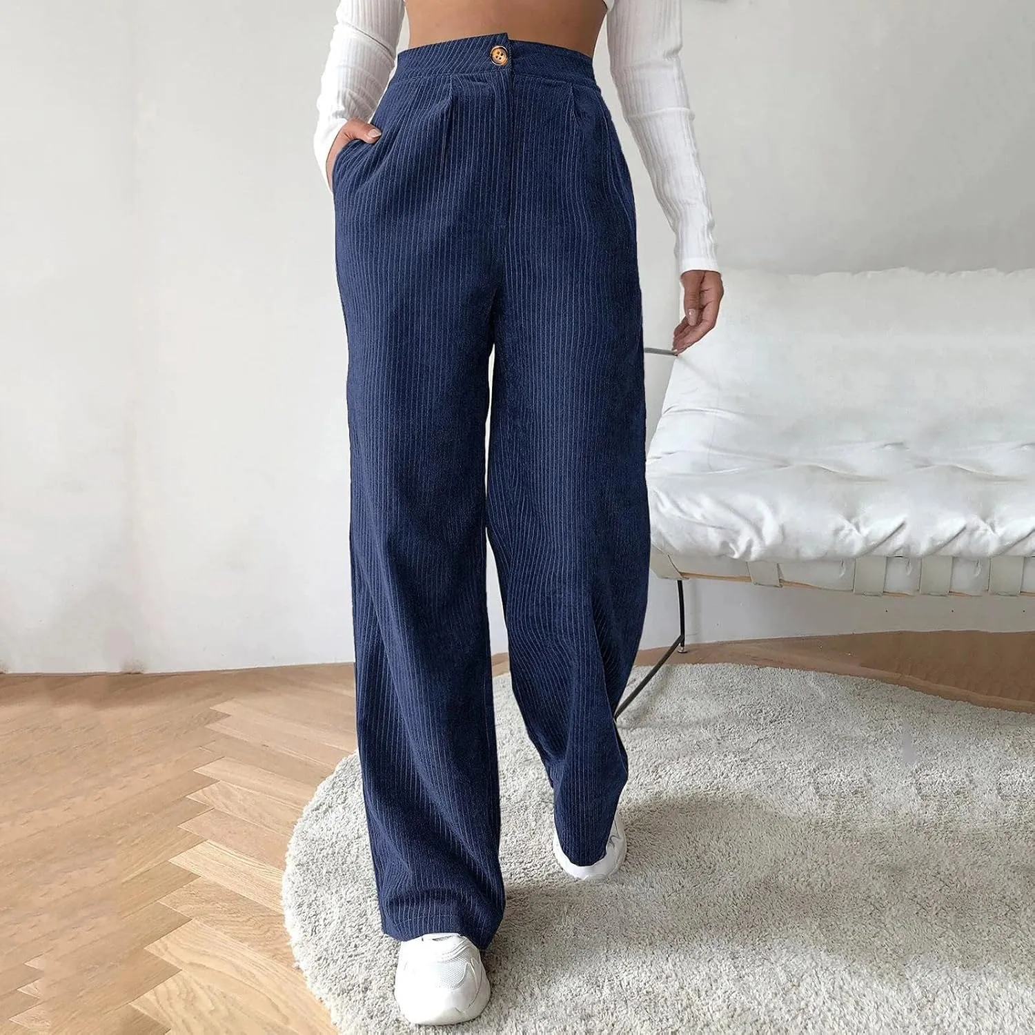 Womens Plus Size Corduroy Pants High Waisted Wide Leg Trousers Straight Leg Trendy Work Pants with Pockets