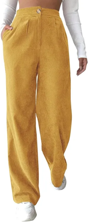 Womens Plus Size Corduroy Pants High Waisted Wide Leg Trousers Straight Leg Trendy Work Pants with Pockets