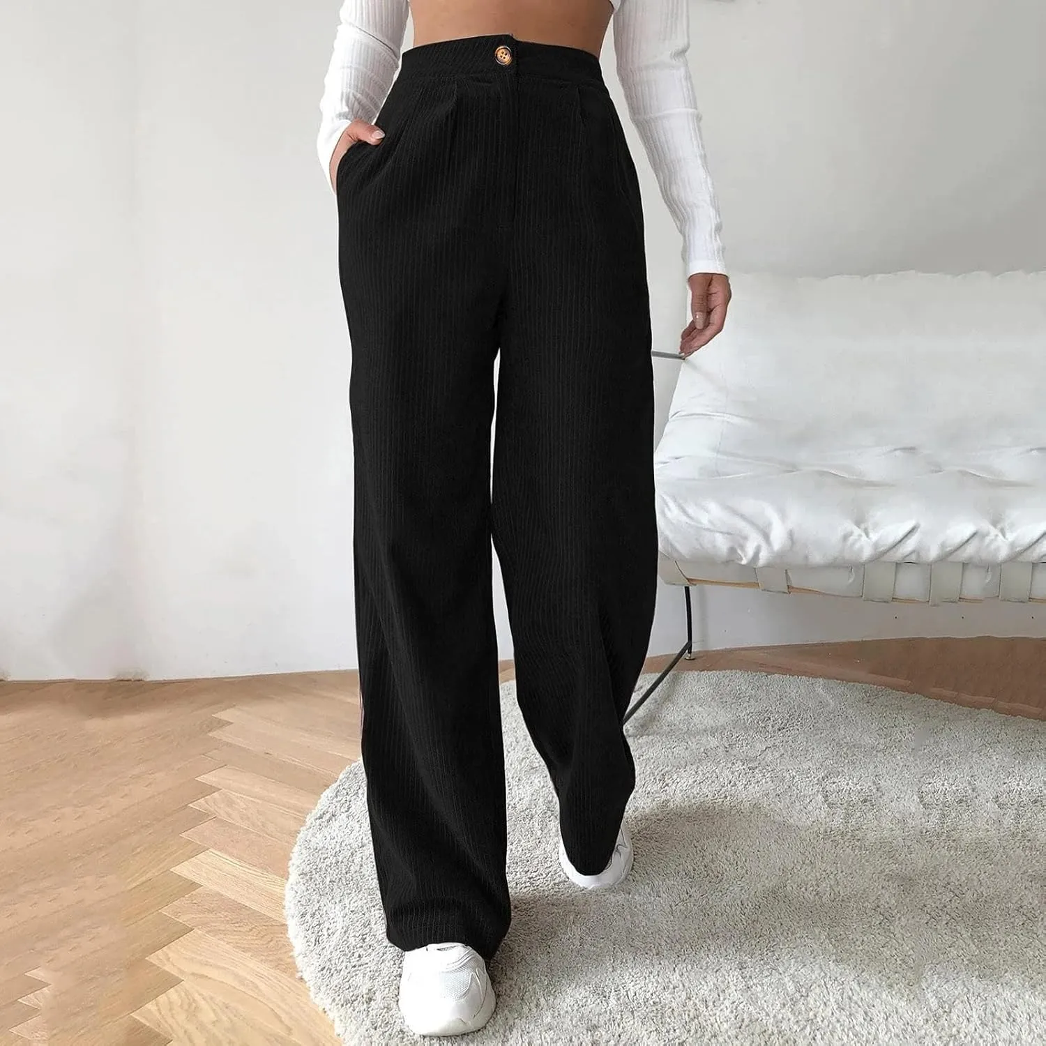 Womens Plus Size Corduroy Pants High Waisted Wide Leg Trousers Straight Leg Trendy Work Pants with Pockets