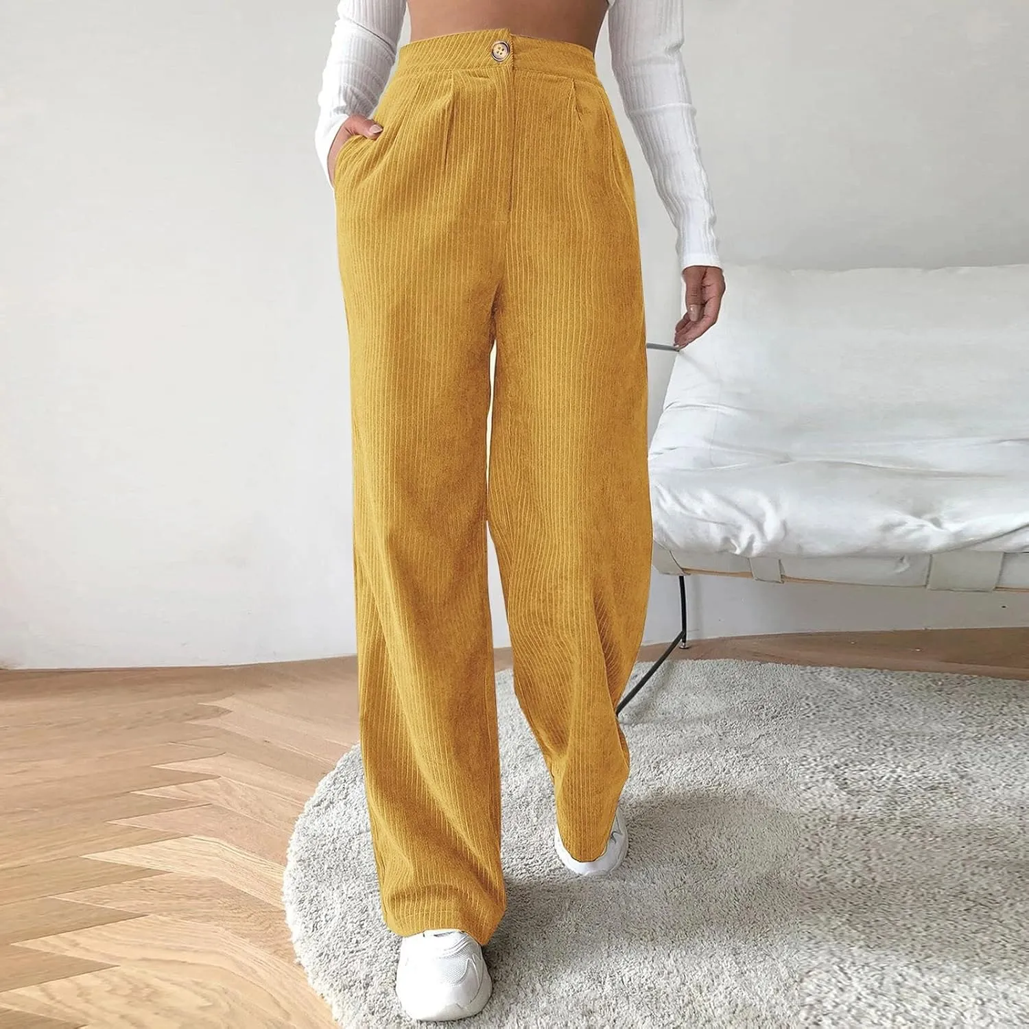 Womens Plus Size Corduroy Pants High Waisted Wide Leg Trousers Straight Leg Trendy Work Pants with Pockets