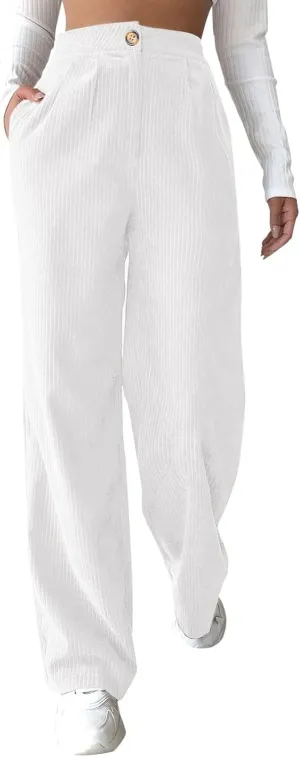 Womens Plus Size Corduroy Pants High Waisted Wide Leg Trousers Straight Leg Trendy Work Pants with Pockets