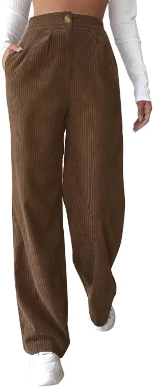 Womens Plus Size Corduroy Pants High Waisted Wide Leg Trousers Straight Leg Trendy Work Pants with Pockets