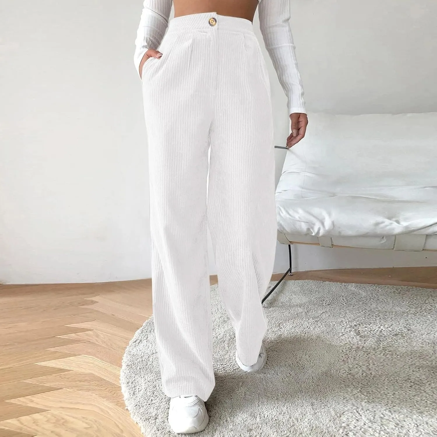 Womens Plus Size Corduroy Pants High Waisted Wide Leg Trousers Straight Leg Trendy Work Pants with Pockets