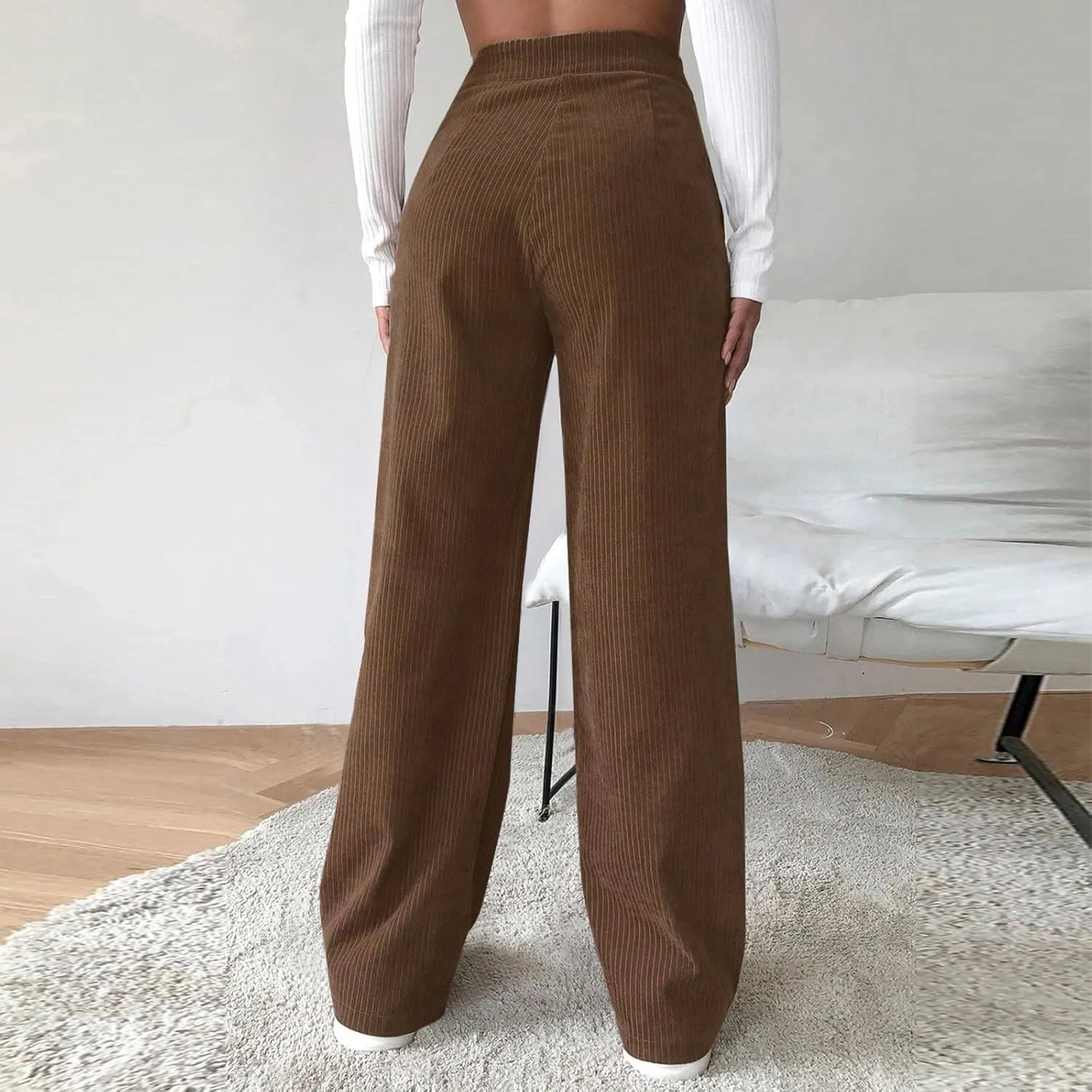 Womens Plus Size Corduroy Pants High Waisted Wide Leg Trousers Straight Leg Trendy Work Pants with Pockets